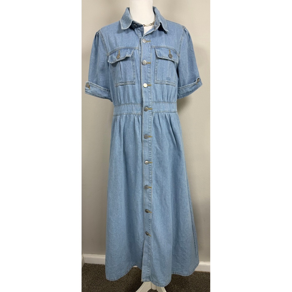 Denim Button Down Maxi Dress Women Size M Light Wash Western Prarie Cowgirl Boho